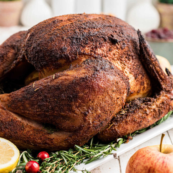 Close up of a smoked turkey.