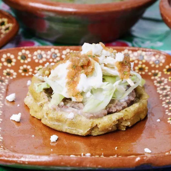 Chicken Sopes with Green or Red Salsa in Mexican Plate