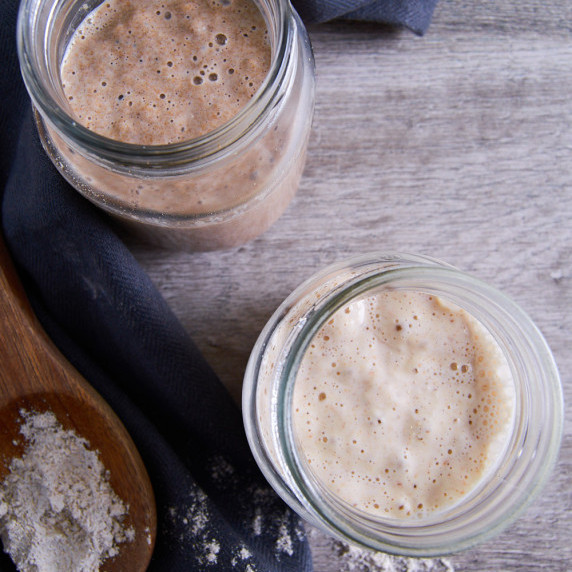 2 jars of bubbly sourdough starter, one rye, one white.