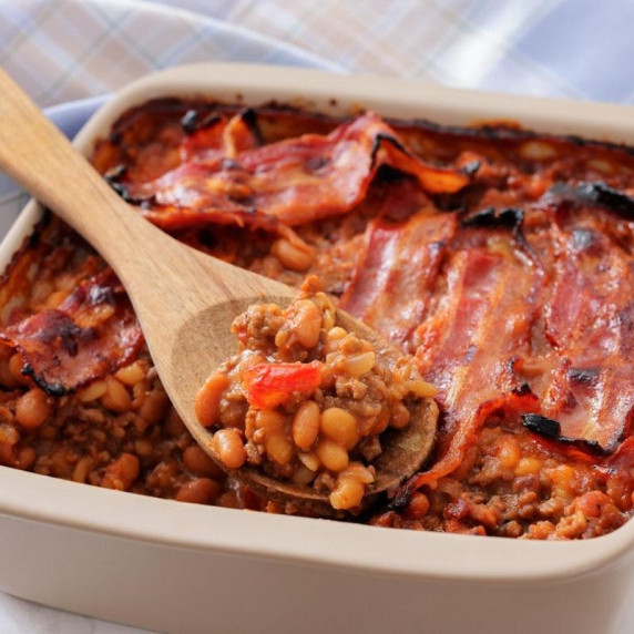 Loaded with savory ground beef, sweet baked beans, and crispy bacon on top