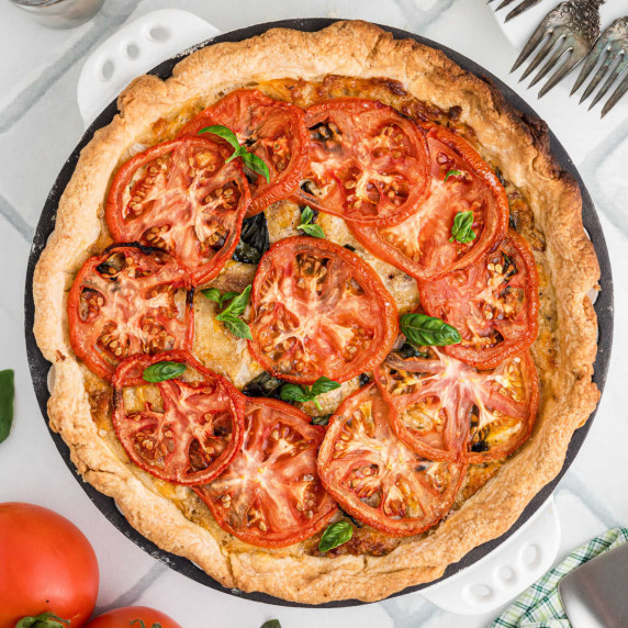Close up overhead shot of a tomato pie.