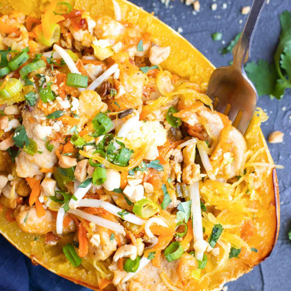 Spaghetti Squash Pad Thai RECIPE with a fork.