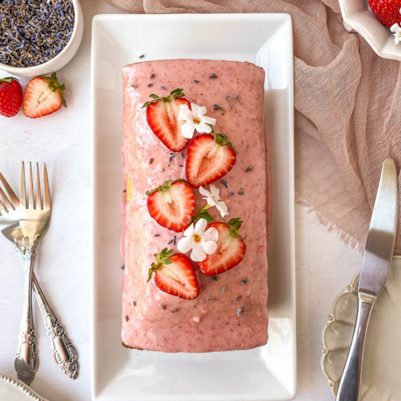 strawberry lavender pound cake on a plate