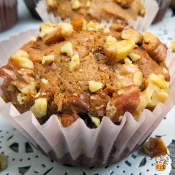 Sugar-free apple muffins with olive oil, date sugar, whole wheat flour, almond flour, and walnuts