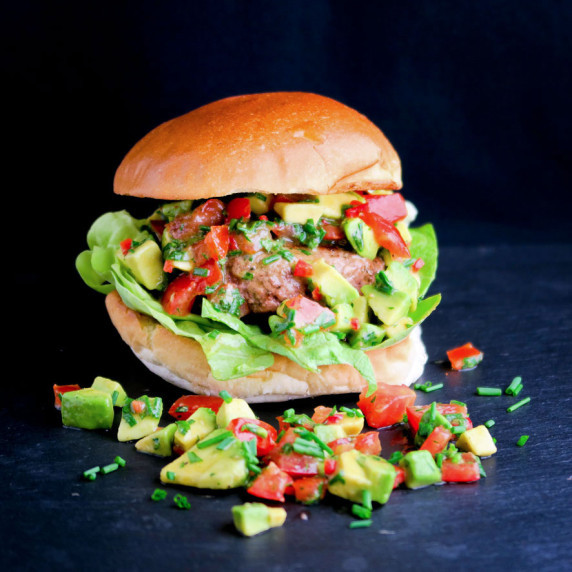 Healthy beef burgers with avocado salsa