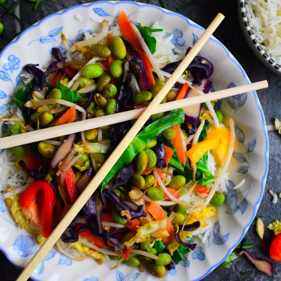 Japanese vegetable and edamame bean stir fry