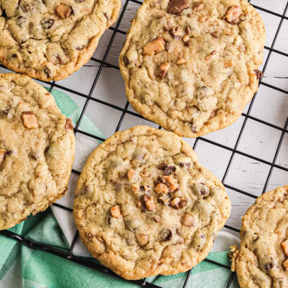Close up of toffee chocolate cookies cooling.