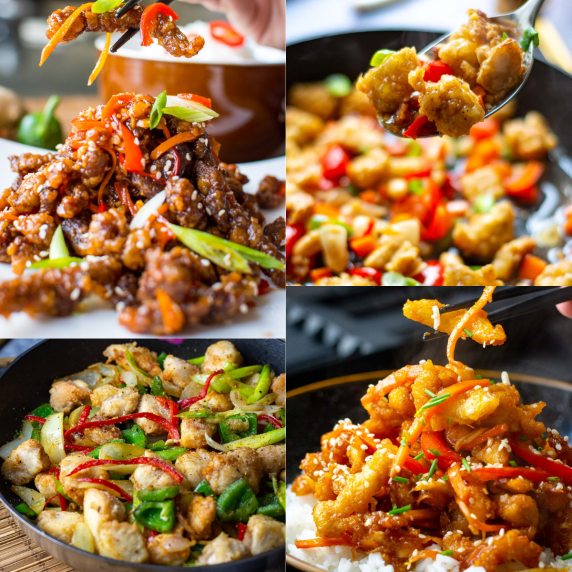 a collage of 4 different chinese fakeaway photos. 