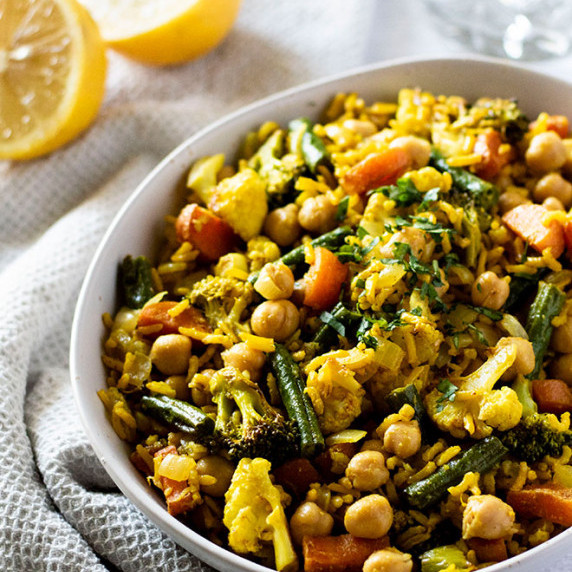 A bowl of warm indian rice salad.