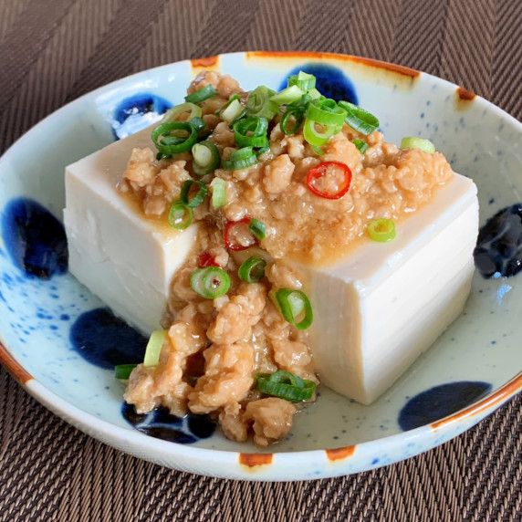 Tofu topped with flavorful meat miso