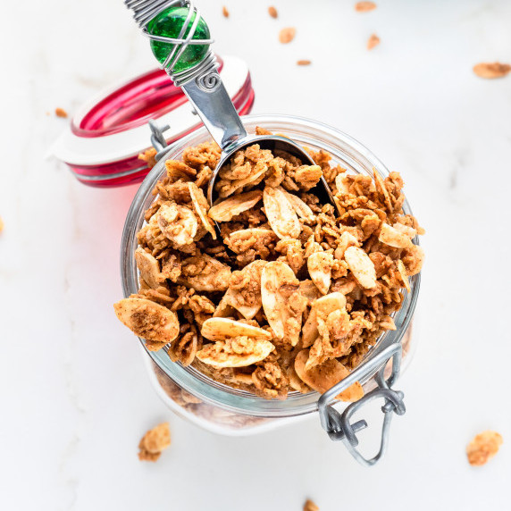 Vanilla almond granola in mason jar.