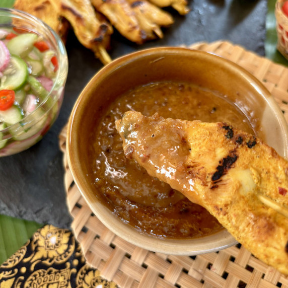 Thai chicken satay with peanut sauce.