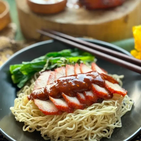 Ba mee moo dang, Thai BBQ pork over egg noodles.