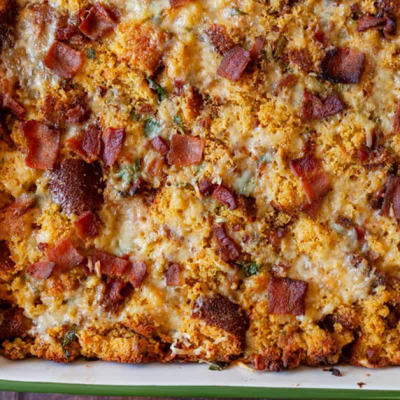 Bacon Parmesan Cornbread Stuffing in a casserole dish
