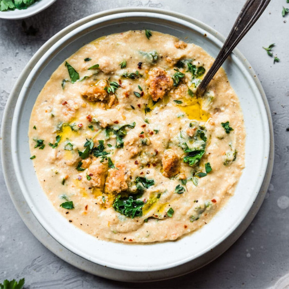 Bowl of cauliflower sausage soup.