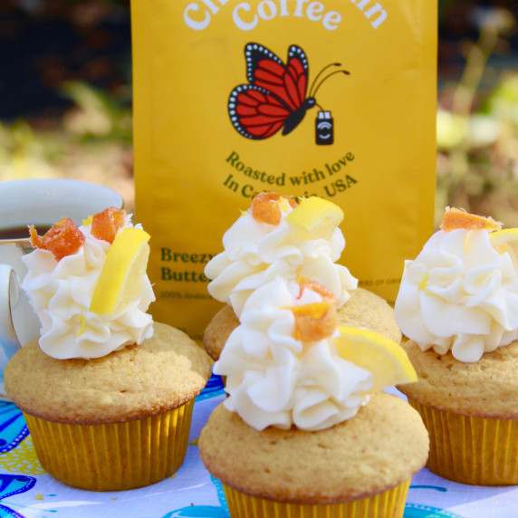 Chamberlain Coffee Cupcakes on a blue and white tablecloth outside on the patio.  
