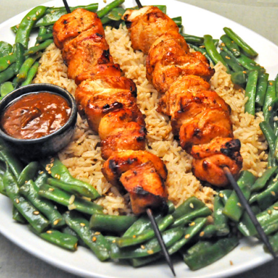 Skewered Chicken Satay, Sesame Green Beans & Sesame Rice with Warm Peanut Sauce