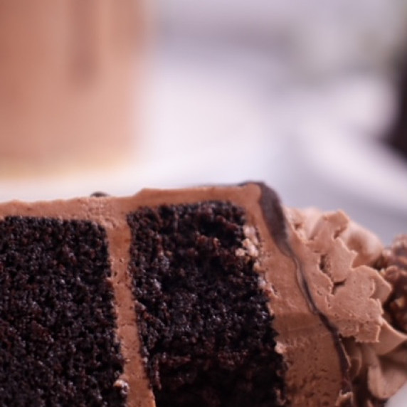 a slice of chocolate cake on a small plate