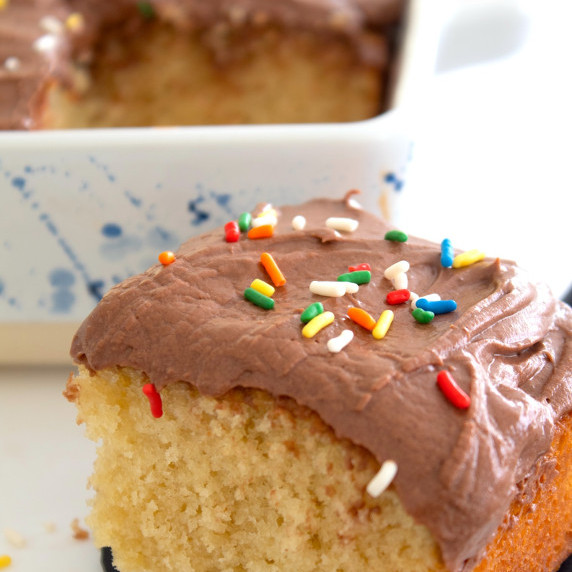 yellow cake with chocolate frosting and sprinkles