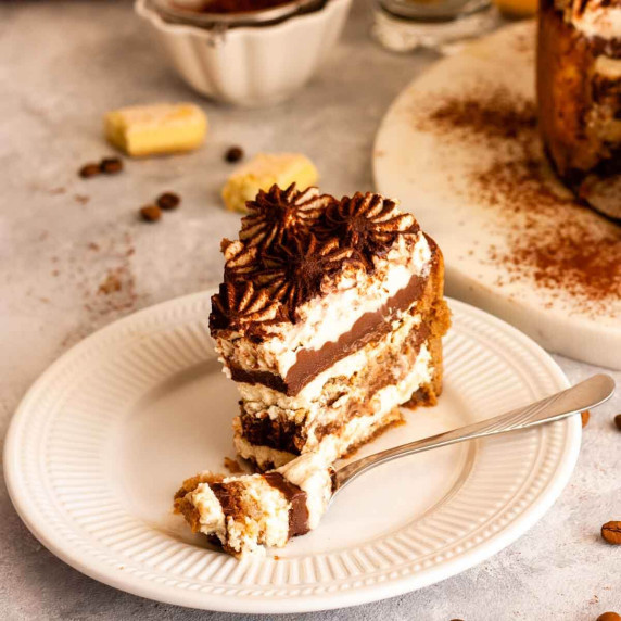 A slice of chocolate tiramisu cake on a white plate.