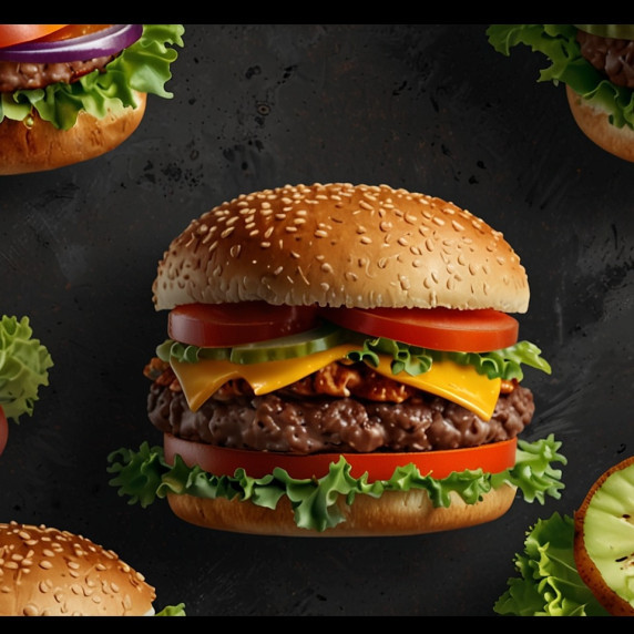 Juicy keto cheeseburger with cheddar, bacon, tomato, onion, pickles, and lettuce.