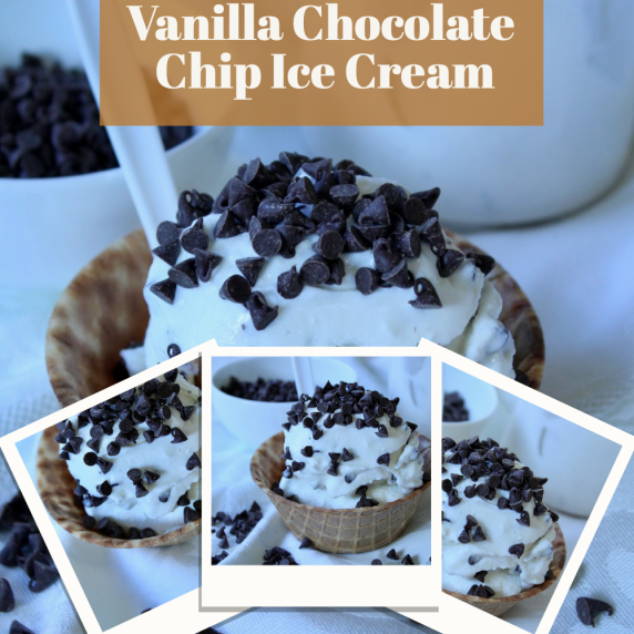 Ninja Creami Vanilla Ice Cream With Chocolate Chips in a waffle bowl on a white table cloth.  