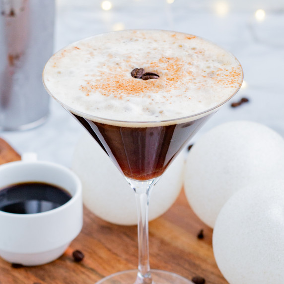 Espresso Martini RECIPE served in a clear martini glass.