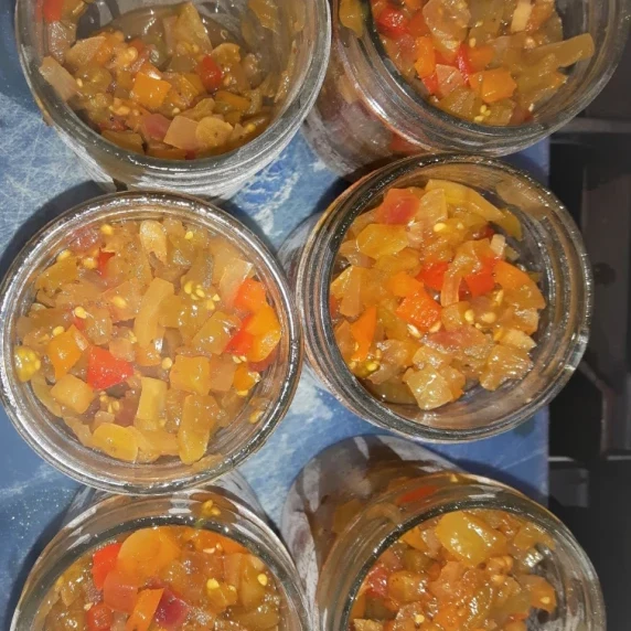 six jars of green tomato relish
