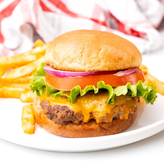 A hambuger on a bun on a white plate.