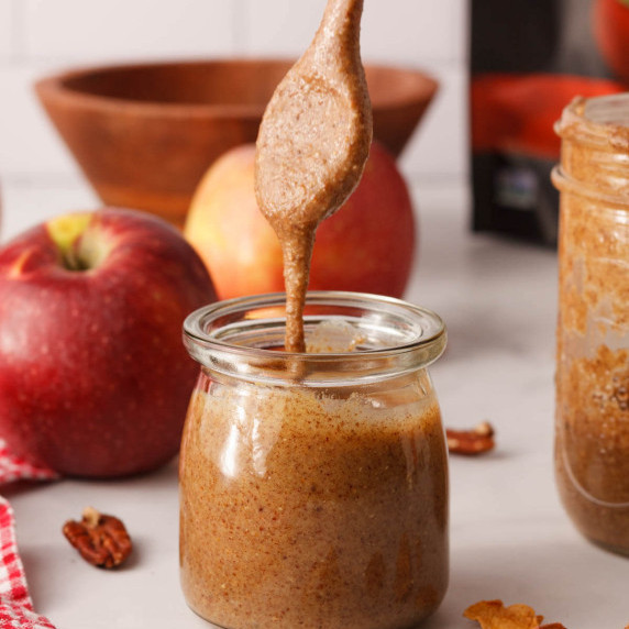 side image of apple pecan butter in jar