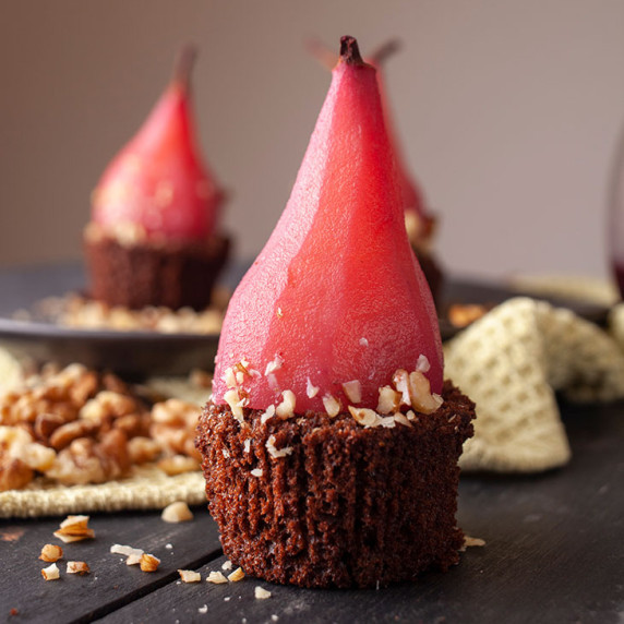 red wine poached pears brownies on a plate