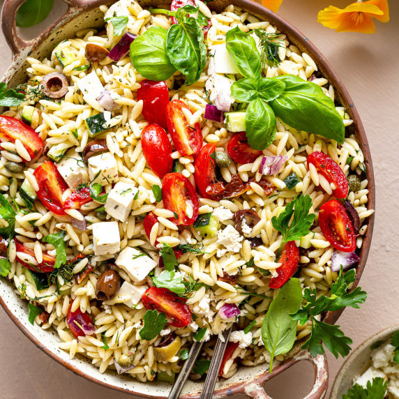 orzo salad in a bowl