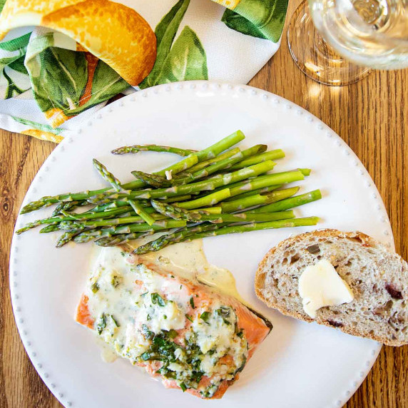 Lemon Tarragon Salmon on plate with asparagus 