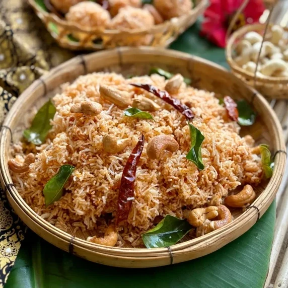 Mee krob, Thai fried noodles, served in a bamboo dish.