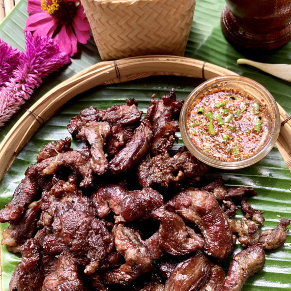 Thai beef jerky with nam jim jaew sauce.