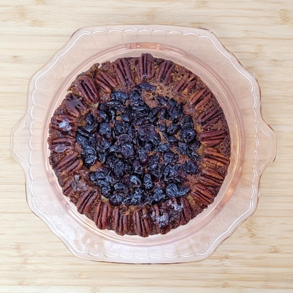 Overhead view of pecan cranberry cake