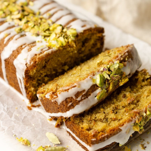 freshly baked pistachio, cardamom and polenta cake 