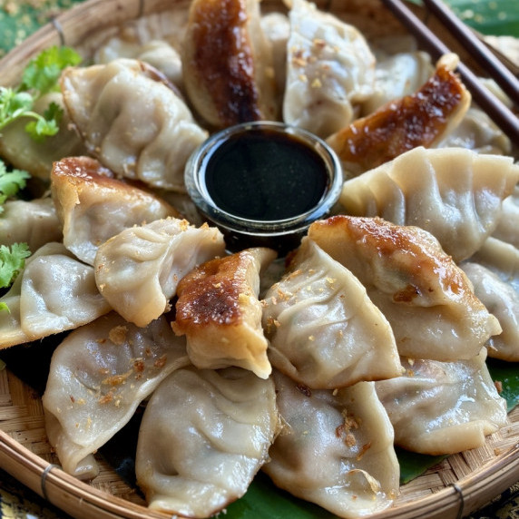 Pork gyoza with dipping sauce.