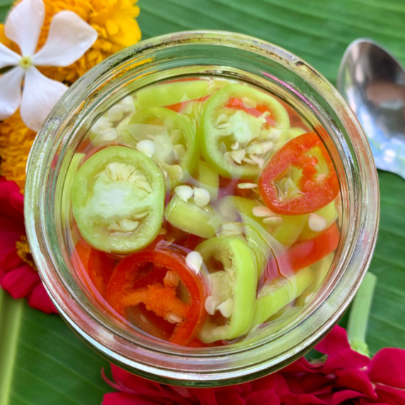 Top-view of prik nam som, a Thai chili vinegar dipping sauce.