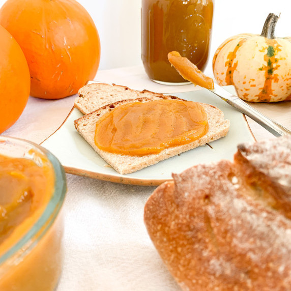pumpkin butter spread on sourdough toast