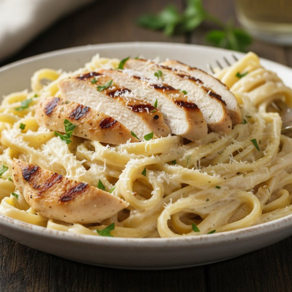Creamy chicken alfredo pasta in a skillet topped with parmesan and fresh parsley