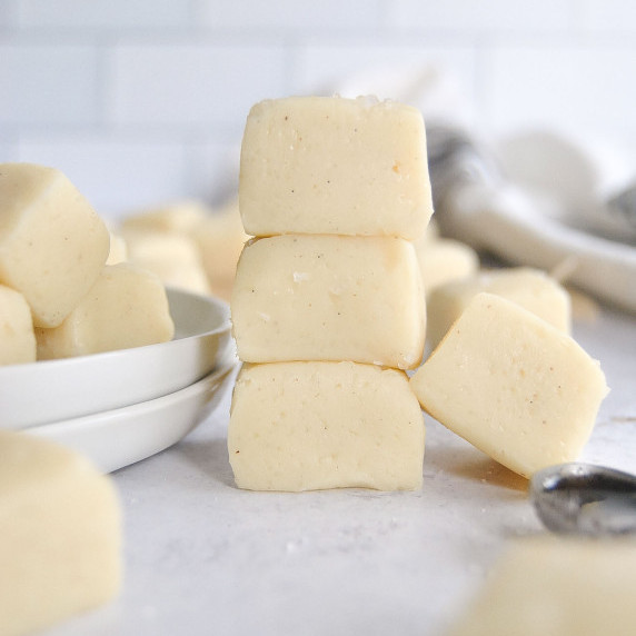 salted vanilla honey fudge stack on marble background