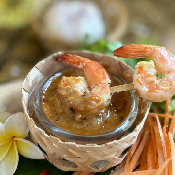 Grilled shrimp with Thai peanut sauce.