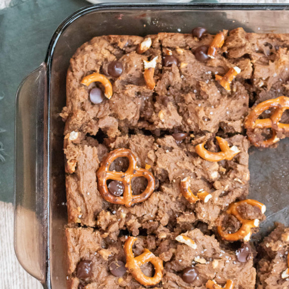 protein blondies in baking dish