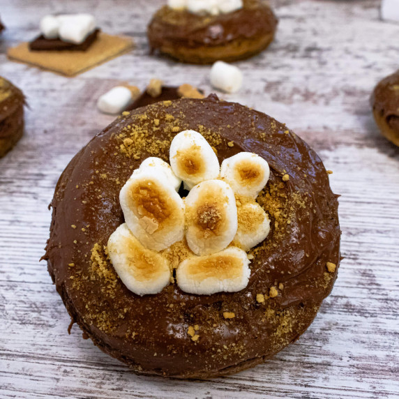 Chocolate covered donut with graham cracker sprinkles and a pile of roasted mini marshmallows
