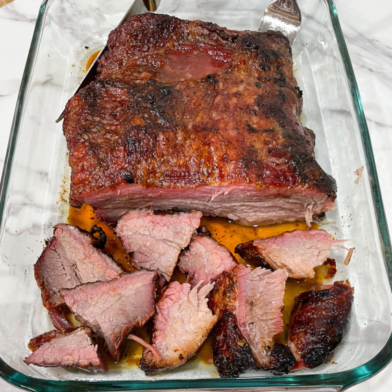 kosher smoked brisket in a baking dish