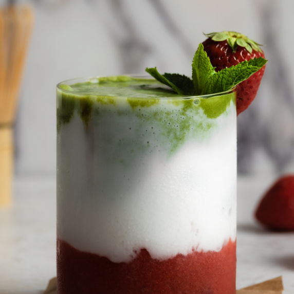 Strawberry Matcha Latte arranged in an aesthetic cup with strawberry on top