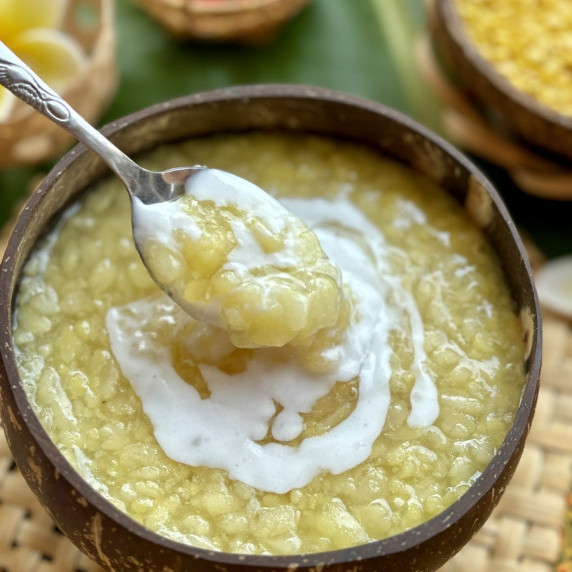Mung bean pudding served in a coconut shell.